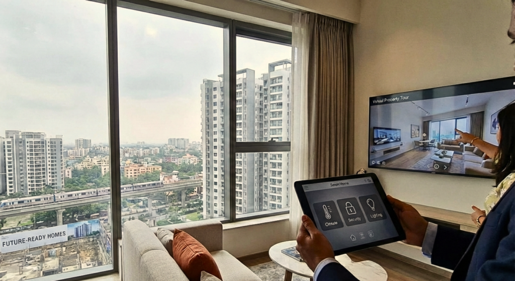 Smart home apartment in Kolkata with home automation controls, city skyline view, and modern interior