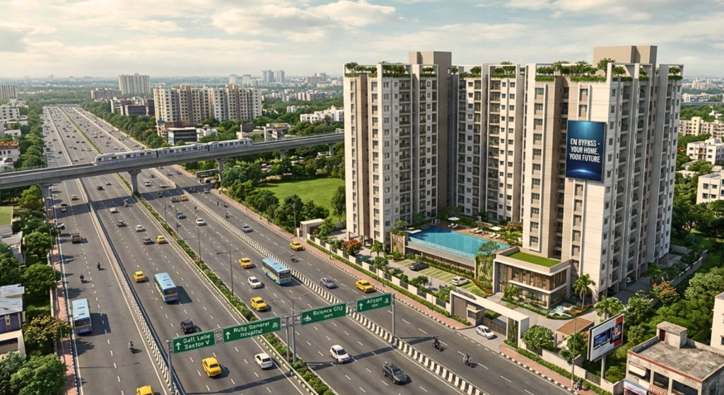 Residential apartment project on EM Bypass Kolkata with metro connectivity, wide roads, and modern amenities
