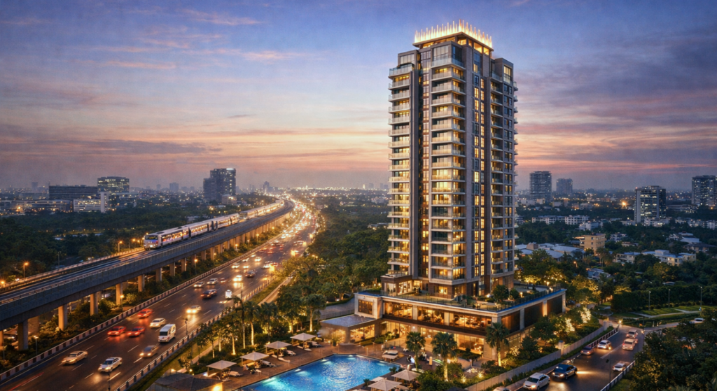Single tower luxury apartment on EM Bypass Kolkata with metro connectivity, city skyline, and premium amenities