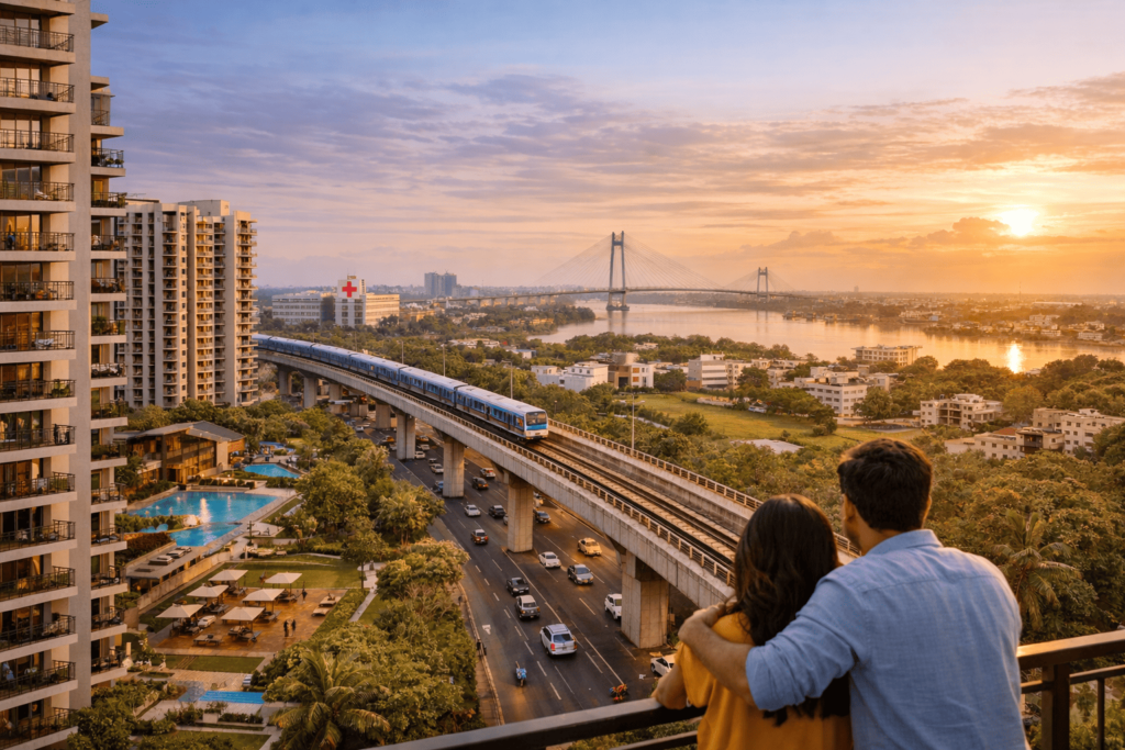 Residential apartments near EM Bypass metro connectivity in South Kolkata with riverfront view and modern infrastructure