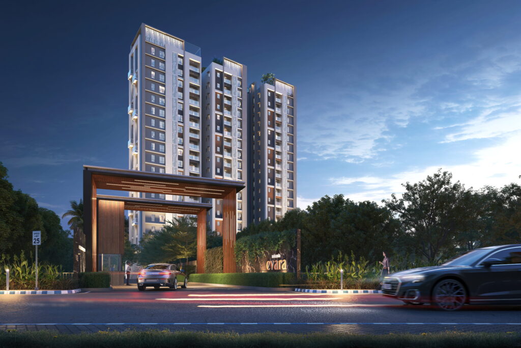 Mirania Evara premium residential tower on EM Bypass with metro connectivity and modern gated entrance
