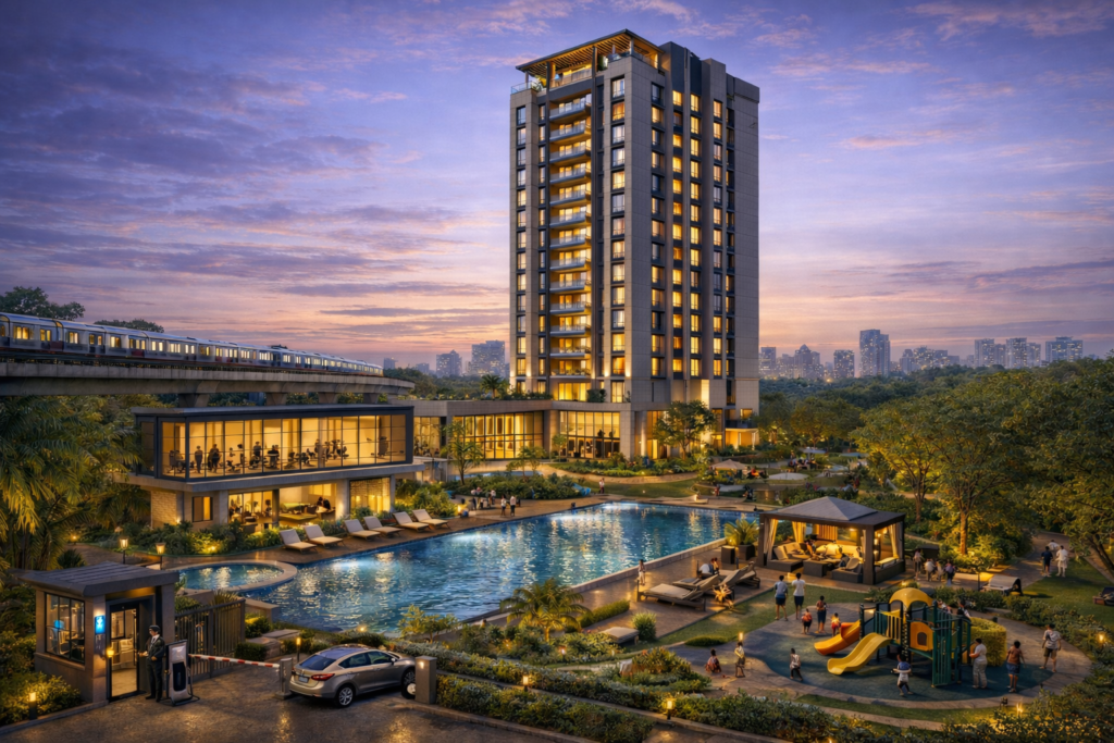 Premium residential apartment with swimming pool, landscaped gardens, and lifestyle amenities in a gated community