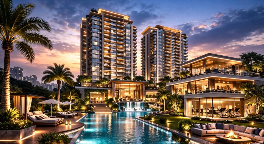 Luxury apartment complex in Kolkata with clubhouse, landscaped pool area, and premium residential towers