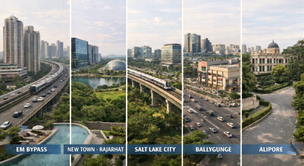 Top residential locations in Kolkata including EM Bypass, New Town Rajarhat, Salt Lake City, Ballygunge, and Alipore