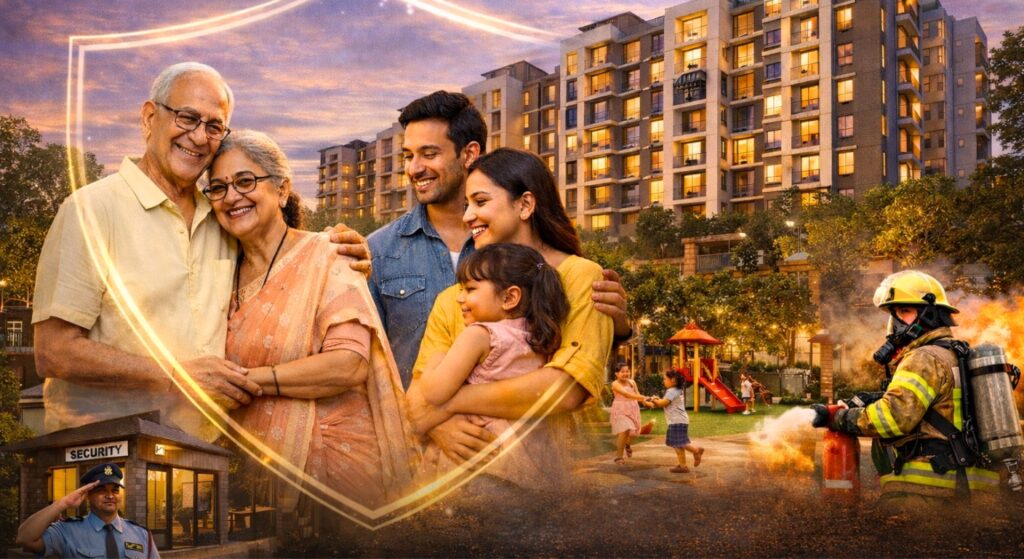 Secure gated apartment community in Kolkata protecting multi-generational family with CCTV, security guards, and fire safety systems