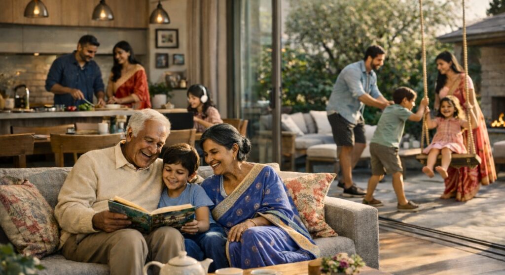 Multigenerational family living together in a modern apartment with open indoor and outdoor living spaces