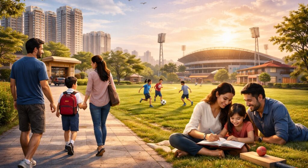 Premium apartment balcony view near sports stadium and schools in South Kolkata