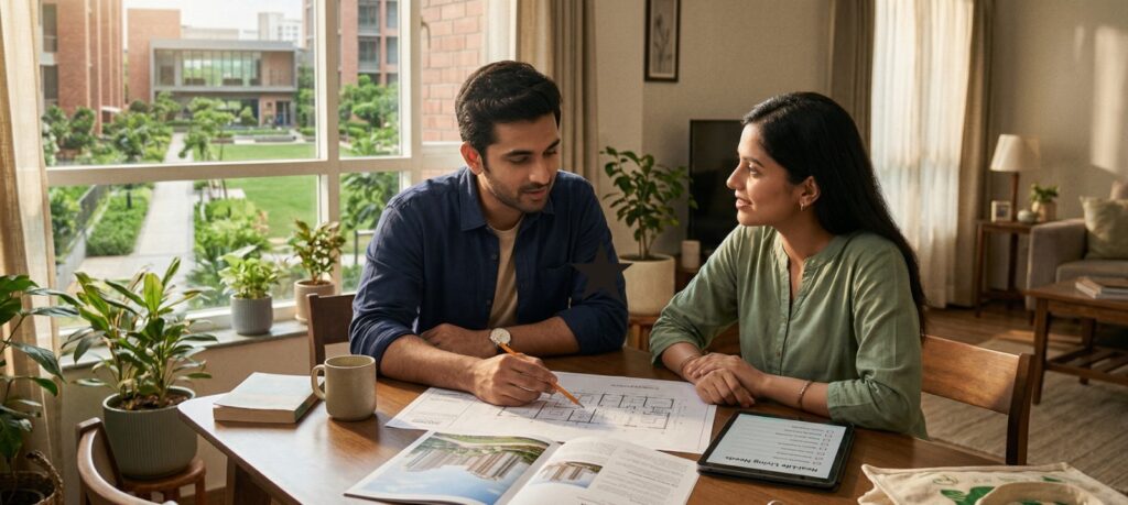 Couple reviewing apartment floor plan and documents while choosing a home in Kolkata