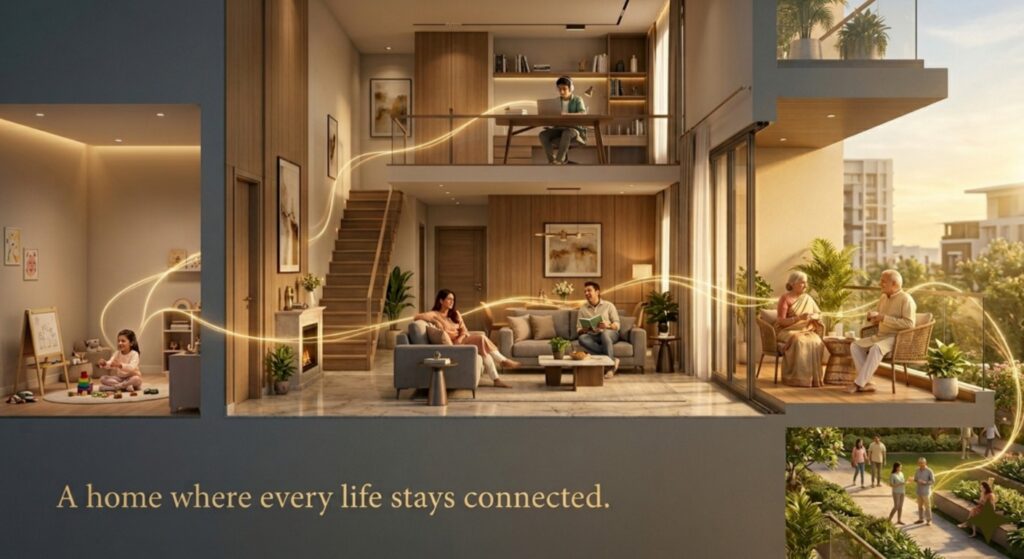 Multi-generational family living in a modern apartment with shared spaces and connected lifestyle