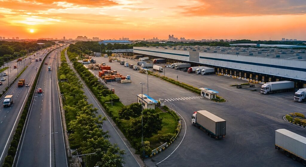 Large logistics warehouse near EM Bypass Kolkata with trucks, transport infrastructure, and industrial distribution hub