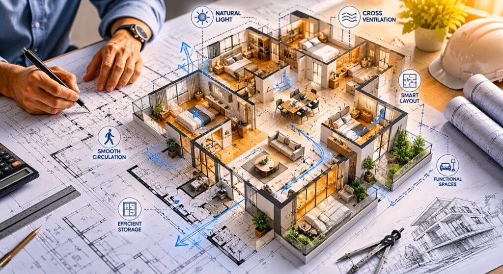 Smart apartment floor plan with natural light, cross ventilation, functional spaces, and efficient modern home layout