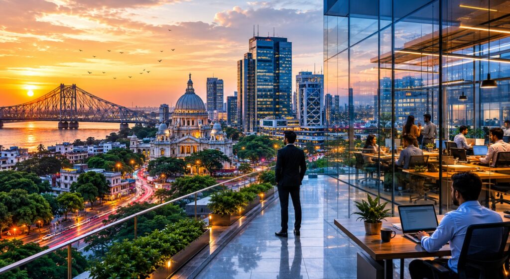 Kolkata commercial real estate skyline featuring modern office buildings, business districts, and growing corporate infrastructure