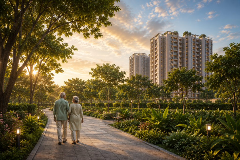 Senior couple walking through landscaped gardens and green open spaces at a residential community in Kolkata