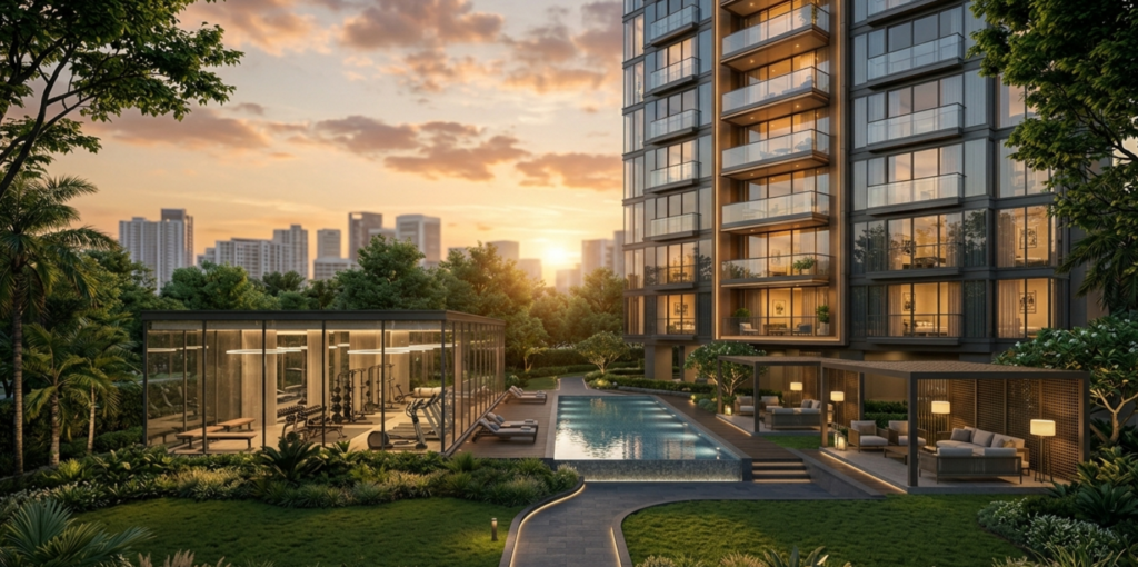Luxury residential community with wellness amenities, open spaces, swimming pool, fitness center, and landscaped gardens