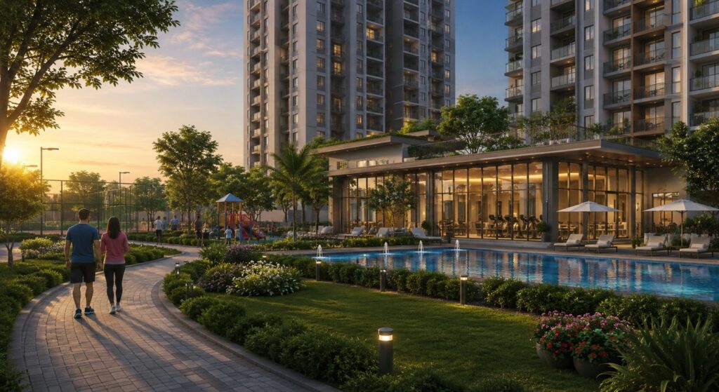Lifestyle-focused residential community in Kolkata featuring clubhouse, swimming pool, landscaped gardens, and wellness amenities