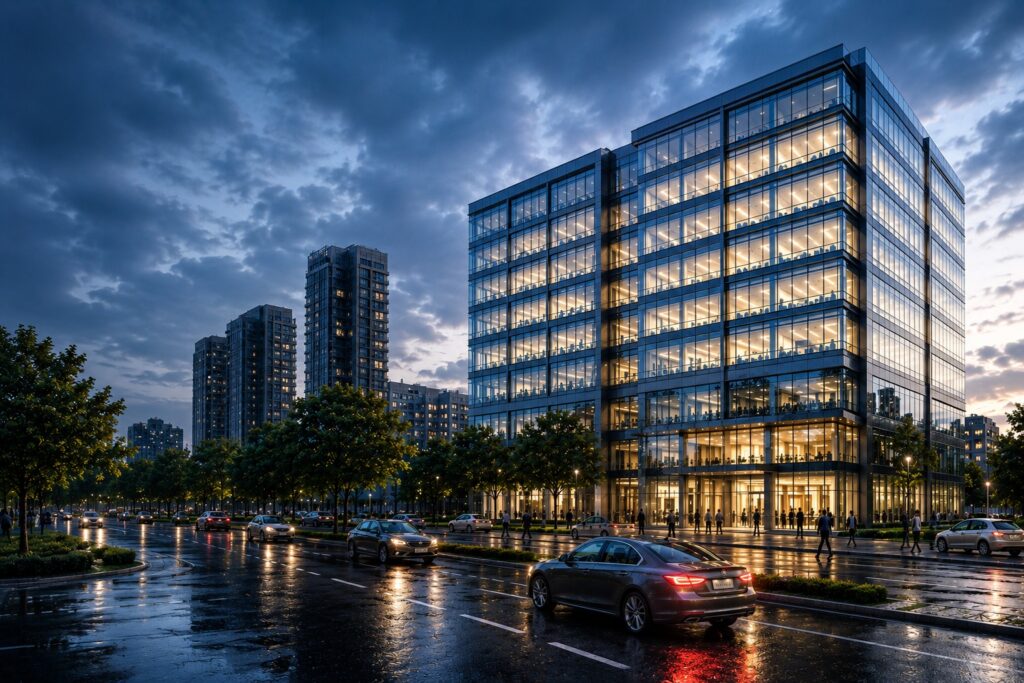 Modern commercial office building in Kolkata offering flexible office spaces for lease with premium business infrastructure