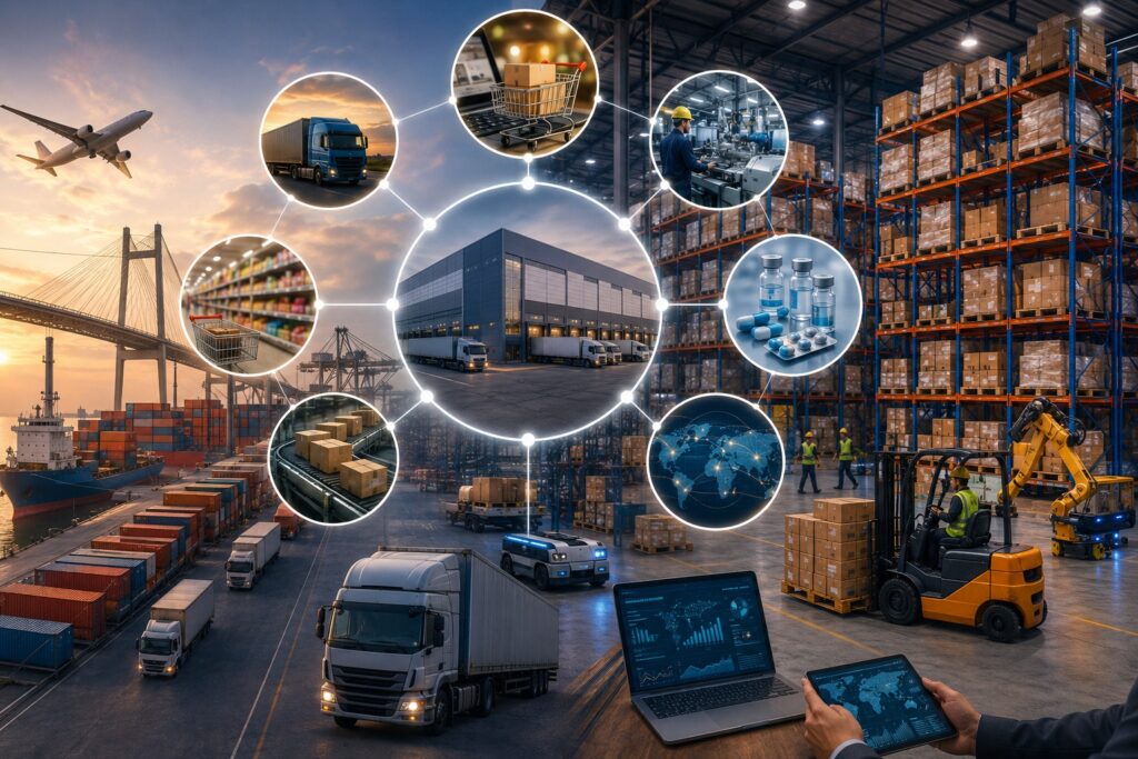 Modern warehouse and logistics hub supporting e-commerce, manufacturing, retail, and supply chain operations in India