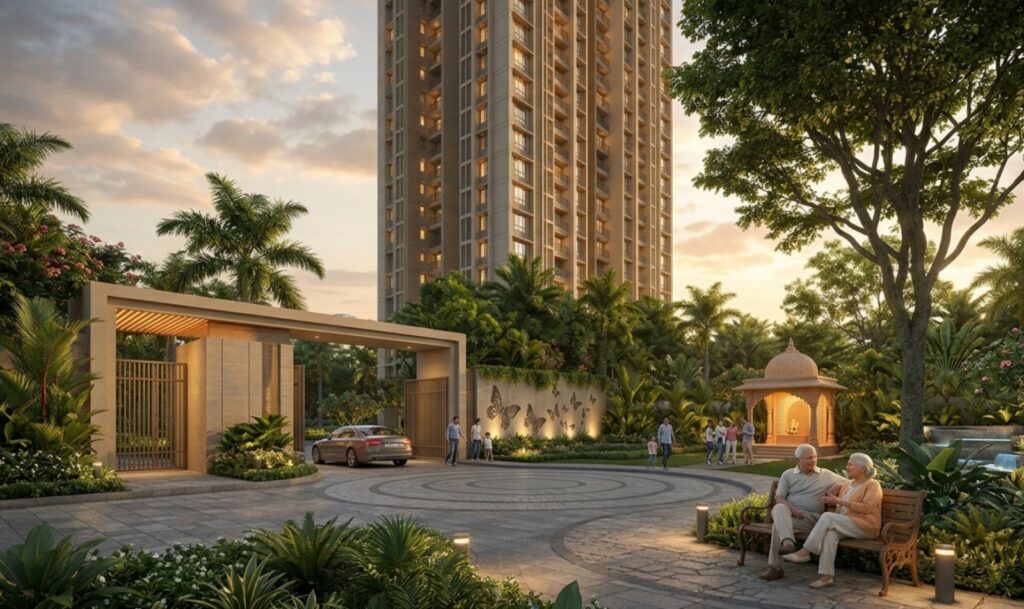 Senior-friendly residential community at Mirania Evara Kolkata with landscaped gardens, secure gated entry, and peaceful living spaces