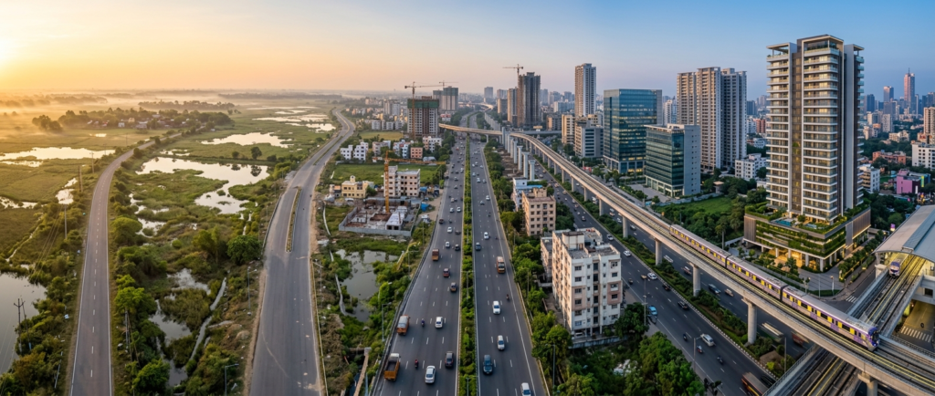 Mirania Realty developments along EM Bypass showcasing premium residential towers, metro connectivity, and Kolkata's evolving skyline
