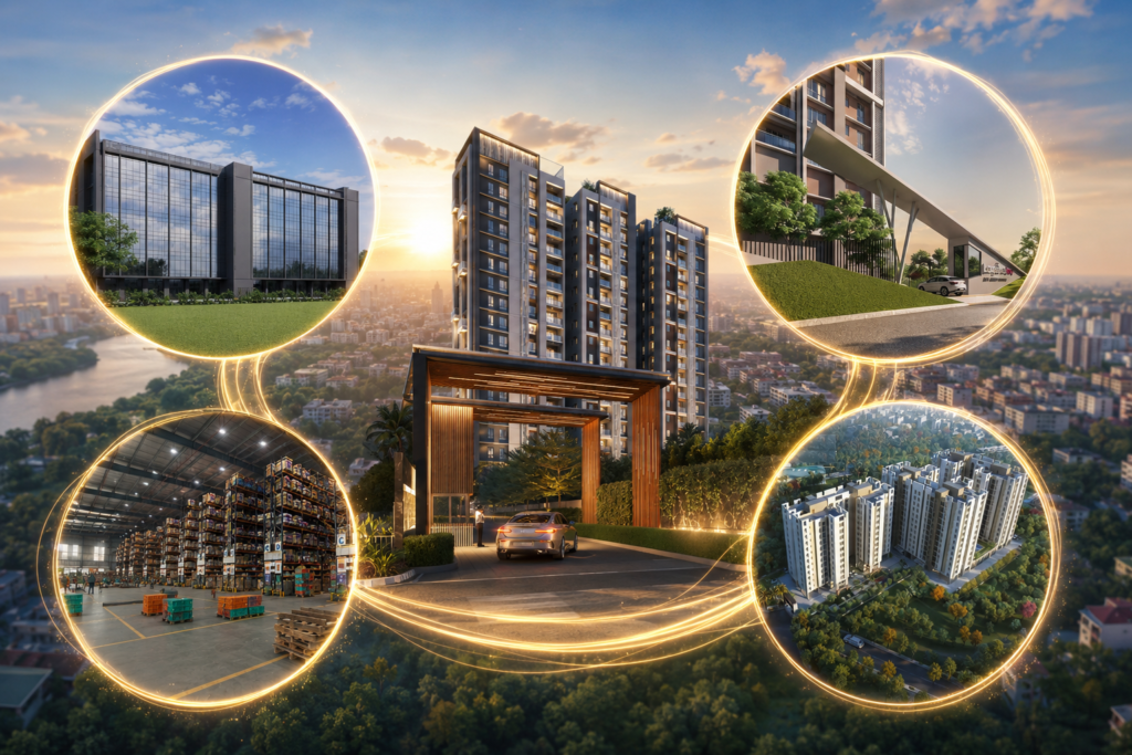 Mirania Realty's portfolio showcasing over 2 million sq. ft. of residential, commercial and warehousing developments across Kolkata.