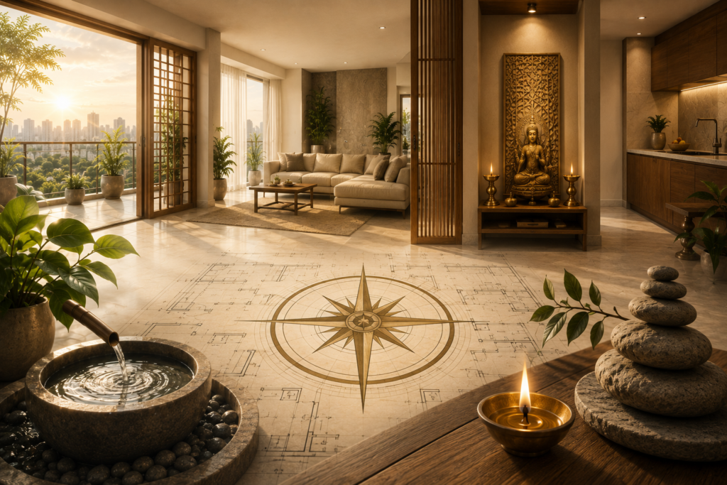 Modern Vastu-compliant apartment interior featuring natural light, balanced layout, meditation space, and thoughtful home design in Kolkata.