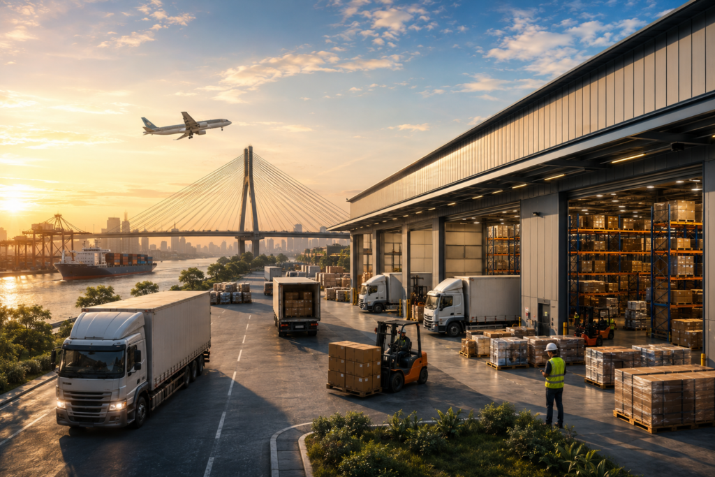 Grade-A warehouse near Kolkata with loading docks, trucks, cargo operations, and multimodal logistics connectivity.