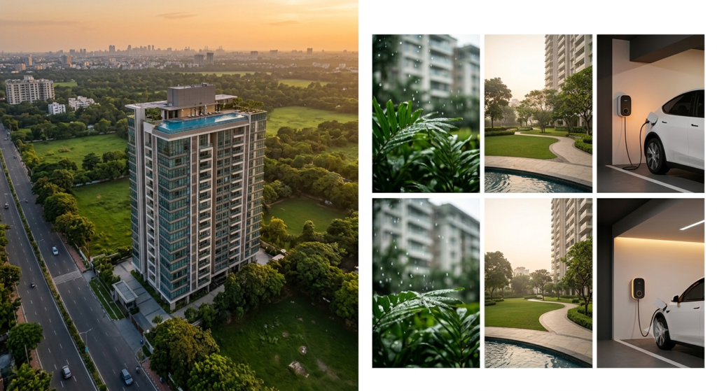 Premium sustainable residential apartment in Kolkata featuring green open spaces, EV charging, rainwater harvesting, and eco-friendly living amenities.