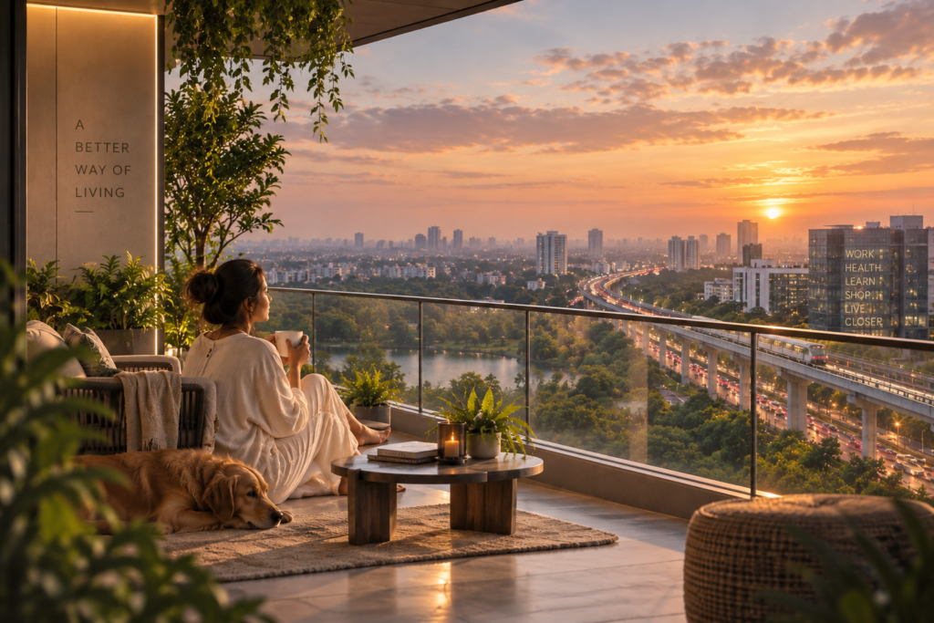 Luxury home balcony overlooking Kolkata skyline and metro